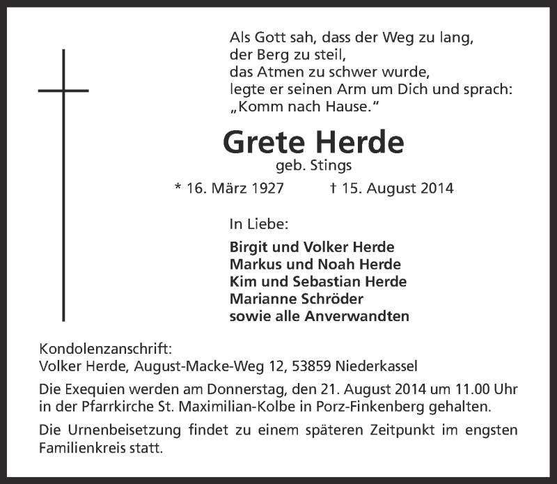  Traueranzeige für Grete Herde vom 20.08.2014 aus  Kölner Wochenspiegel 