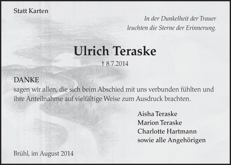  Traueranzeige für Ulrich Teraske vom 20.08.2014 aus  Schlossbote/Werbekurier 