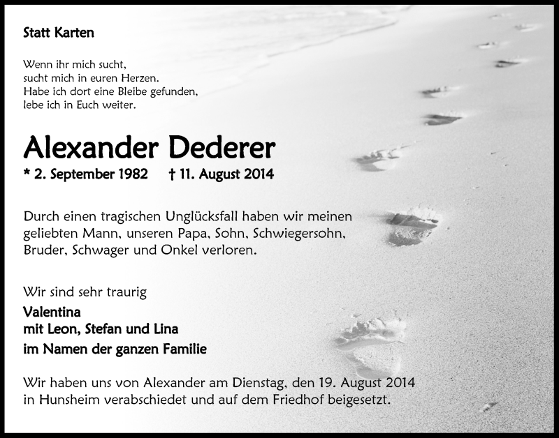  Traueranzeige für Alexander Dederer vom 20.08.2014 aus  Anzeigen Echo 