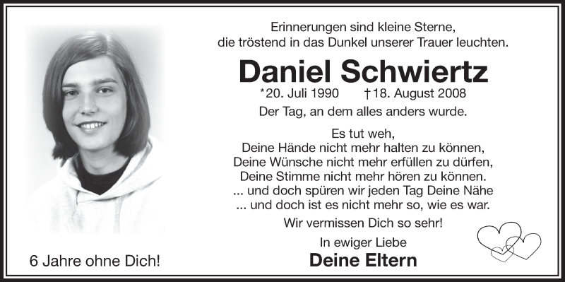  Traueranzeige für Daniel Schwiertz vom 20.08.2014 aus  Bergisches Handelsblatt 