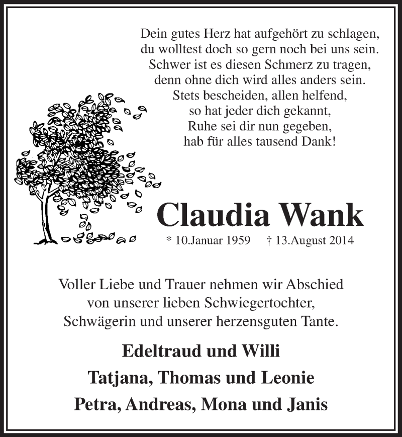  Traueranzeige für Claudia Wank vom 20.08.2014 aus  Bergisches Handelsblatt 