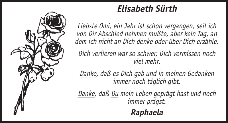  Traueranzeige für Elisabeth Sürth vom 20.08.2014 aus  Wochenende 