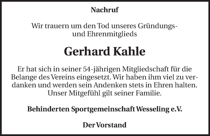  Traueranzeige für Gerhard Kahle vom 20.08.2014 aus  Schlossbote/Werbekurier 