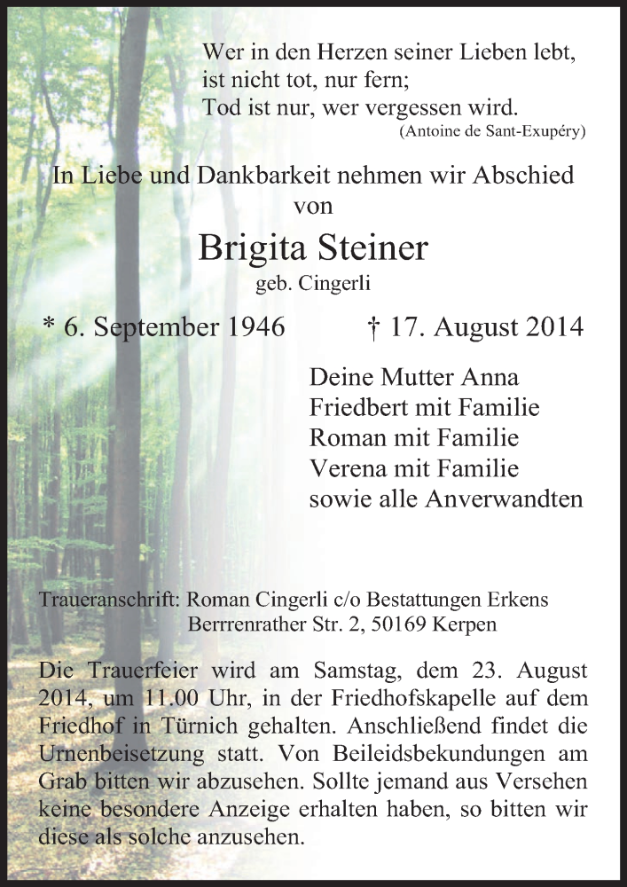  Traueranzeige für Brigita Steiner vom 20.08.2014 aus  Werbepost 