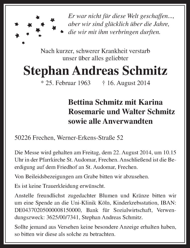  Traueranzeige für Stephan Andreas Schmitz vom 20.08.2014 aus  Wochenende 