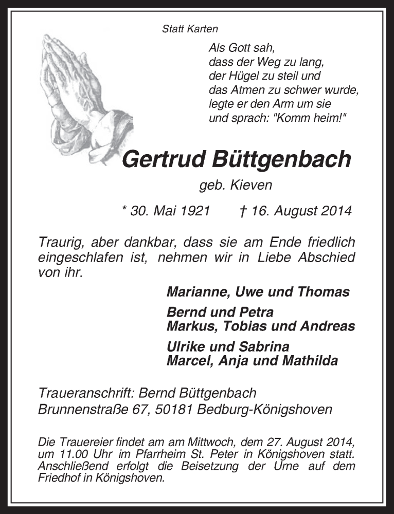  Traueranzeige für Gertrud Büttgenbach vom 20.08.2014 aus  Werbepost 