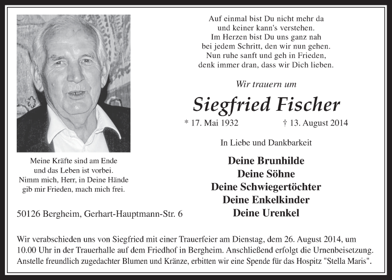  Traueranzeige für Siegfried Fischer vom 20.08.2014 aus  Werbepost 