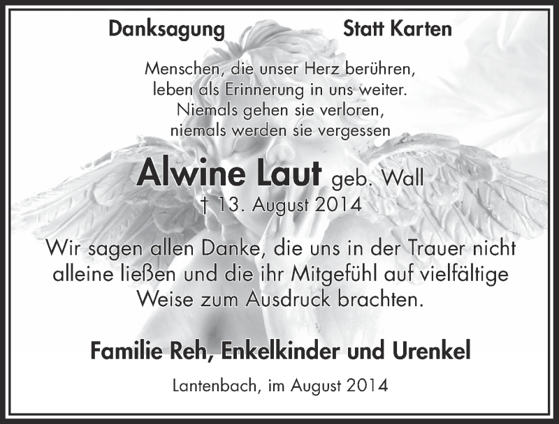  Traueranzeige für Alwine Laut vom 20.08.2014 aus  Anzeigen Echo 
