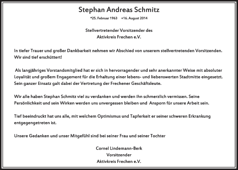  Traueranzeige für Stephan Andreas Schmitz vom 23.08.2014 aus  Sonntags-Post 