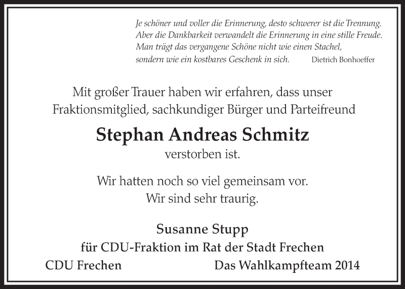  Traueranzeige für Stephan Andreas Schmitz vom 23.08.2014 aus  Sonntags-Post 