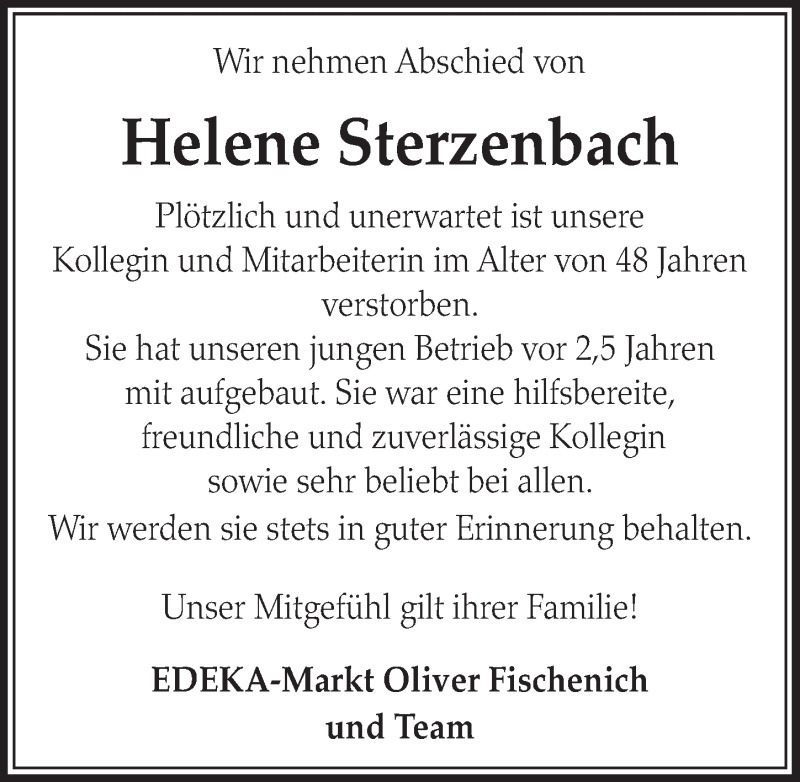  Traueranzeige für Helene Sterzenbach vom 23.08.2014 aus  Sonntags-Post 
