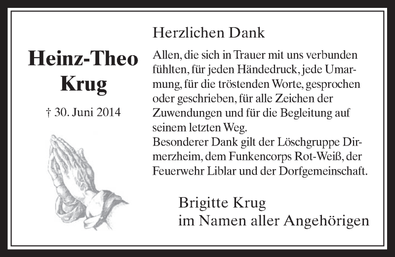  Traueranzeige für Heinz-Theo Krug vom 03.09.2014 aus  Werbepost 