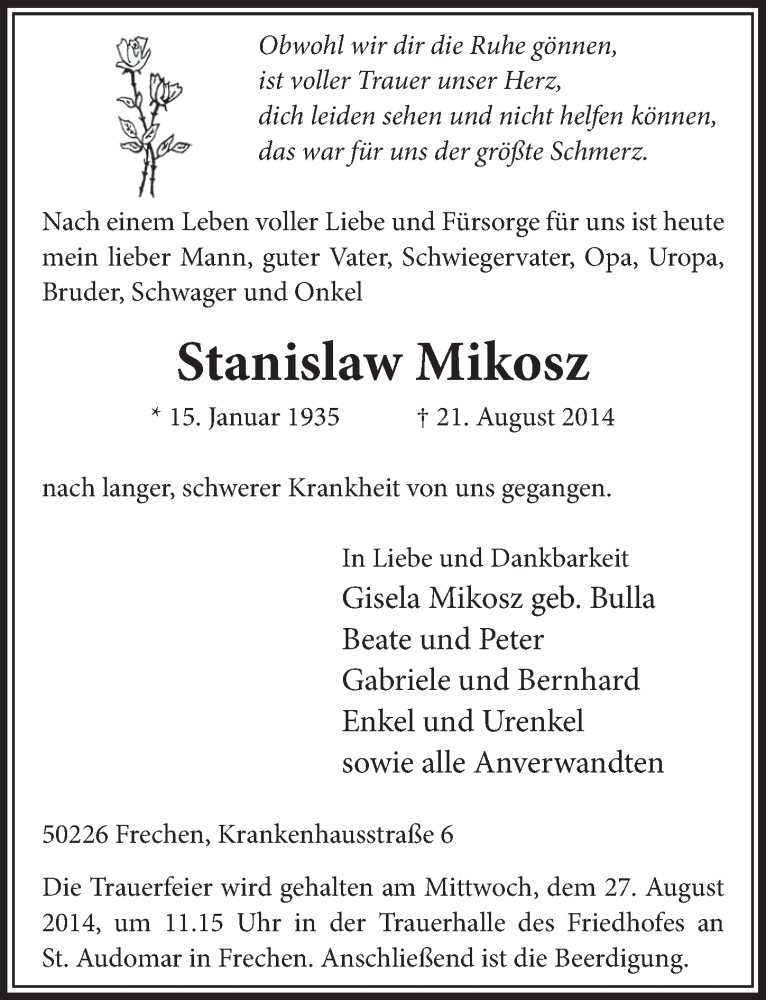  Traueranzeige für Stanislaw Mikosz vom 23.08.2014 aus  Sonntags-Post 