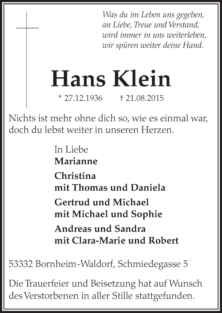  Traueranzeige für Hans Klein vom 26.08.2015 aus  Schlossbote/Werbekurier 