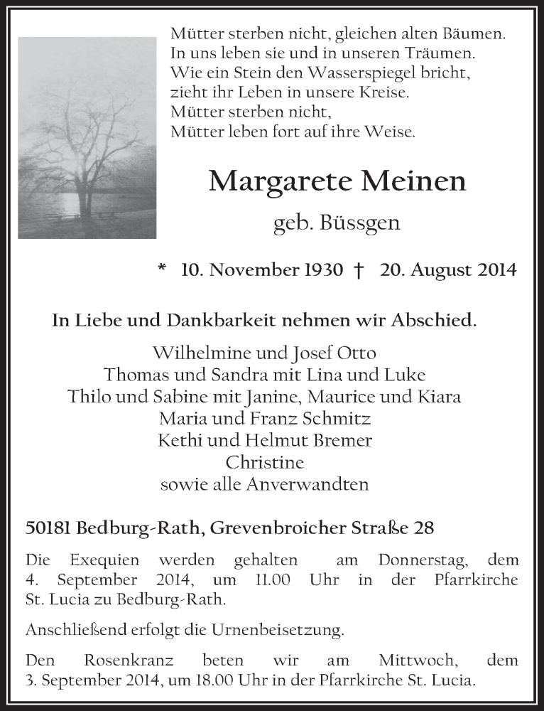  Traueranzeige für Margarete Meinen vom 03.09.2014 aus  Werbepost 