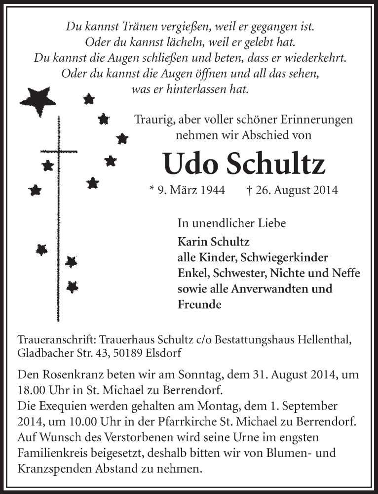  Traueranzeige für Udo Schultz vom 30.08.2014 aus  Sonntags-Post 