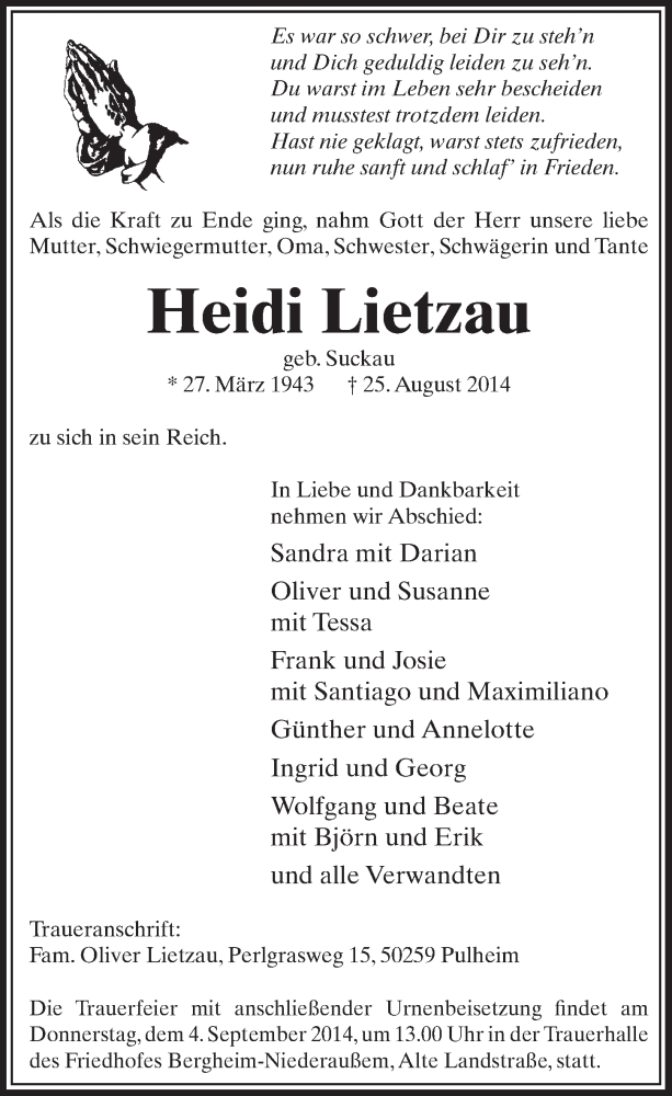  Traueranzeige für Heidi Lietzau vom 30.08.2014 aus  Sonntags-Post 