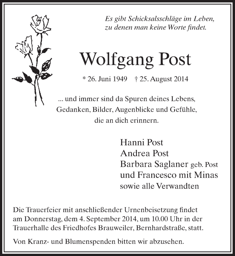  Traueranzeige für Wolfgang Post vom 30.08.2014 aus  Sonntags-Post 