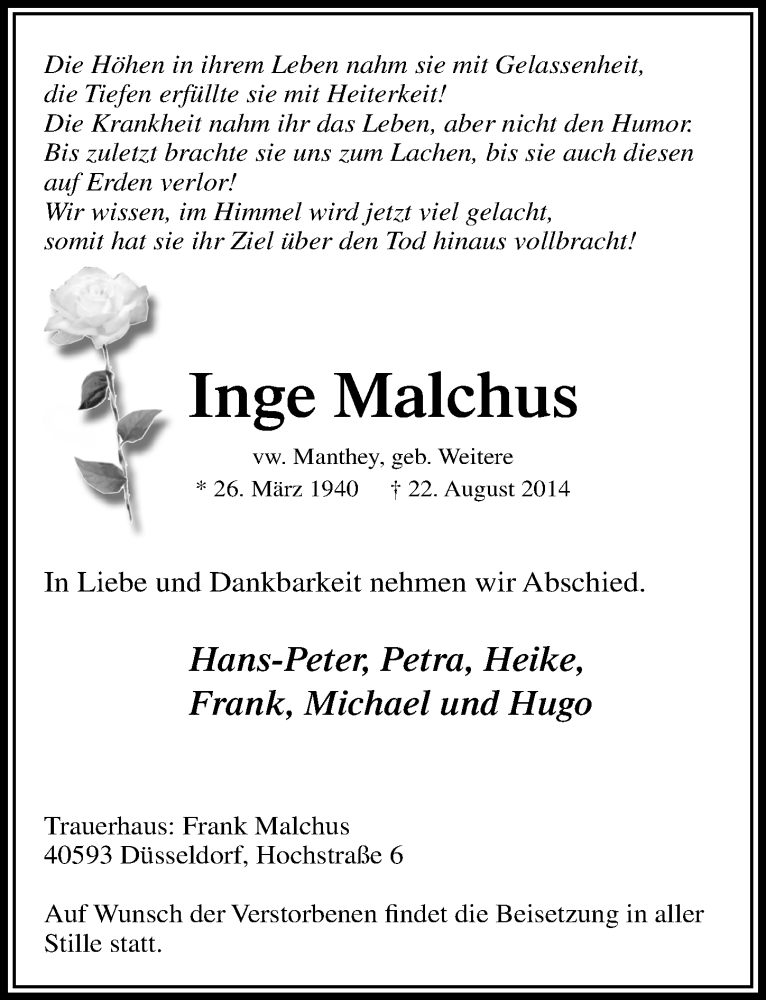  Traueranzeige für Inge Malchus vom 30.08.2014 aus  Leverkusener Wochenende 