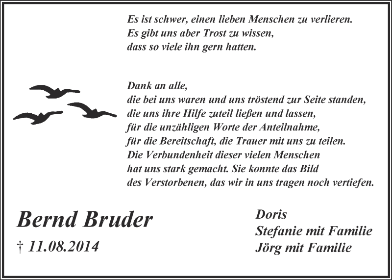  Traueranzeige für Bernd Bruder vom 03.09.2014 aus  Kölner Wochenspiegel 