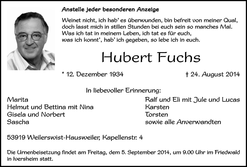  Traueranzeige für Hubert Fuchs vom 31.08.2014 aus  Blickpunkt Euskirchen 