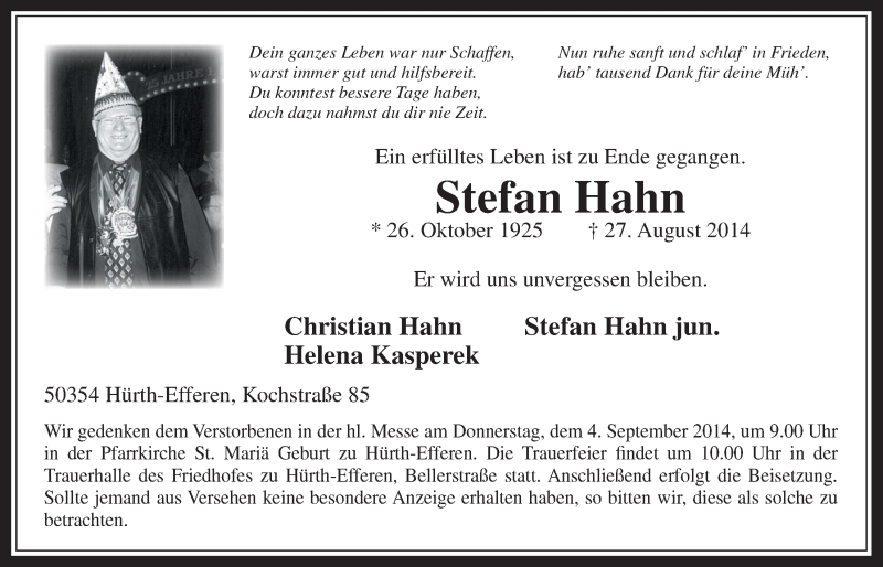  Traueranzeige für Stefan Hahn vom 30.08.2014 aus  Sonntags-Post 