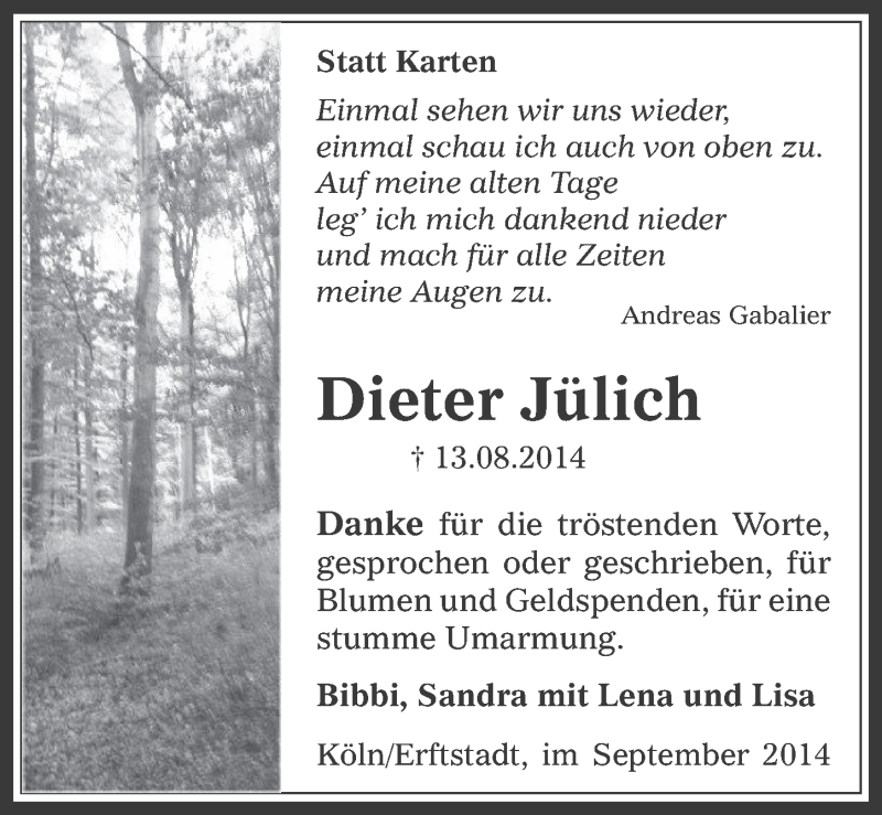  Traueranzeige für Dieter Jülich vom 10.09.2014 aus  Werbepost 