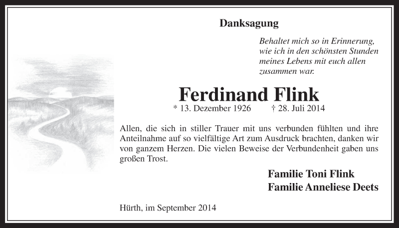  Traueranzeige für Ferdinand Flink vom 03.09.2014 aus  Wochenende 