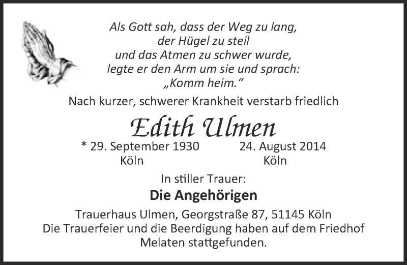 Traueranzeige für Edith Ulmen vom 03.09.2014 aus  Kölner Wochenspiegel 