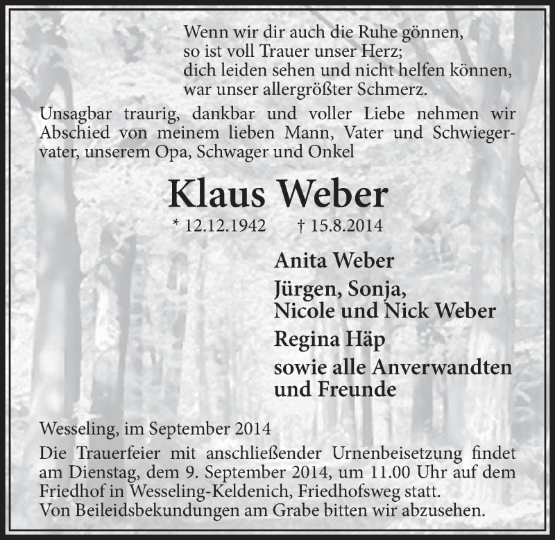  Traueranzeige für Klaus Weber vom 03.09.2014 aus  Schlossbote/Werbekurier 