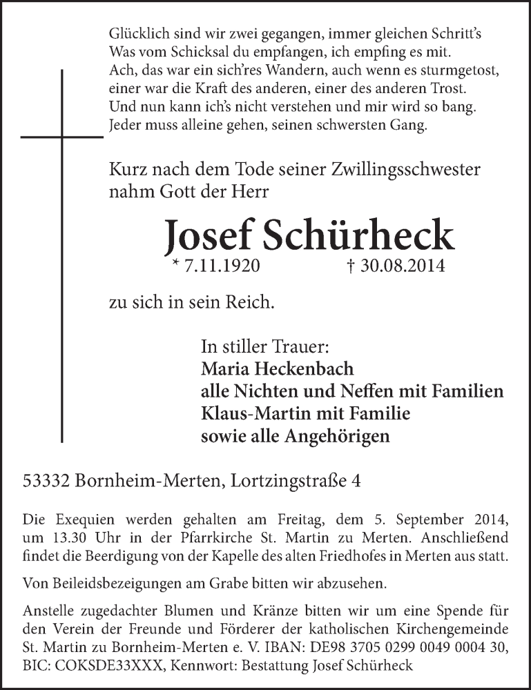  Traueranzeige für Josef Schürheck vom 03.09.2014 aus  Schlossbote/Werbekurier 