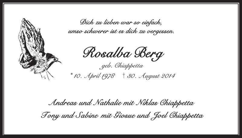  Traueranzeige für Rosalba Berg vom 03.09.2014 aus  Wochenende 