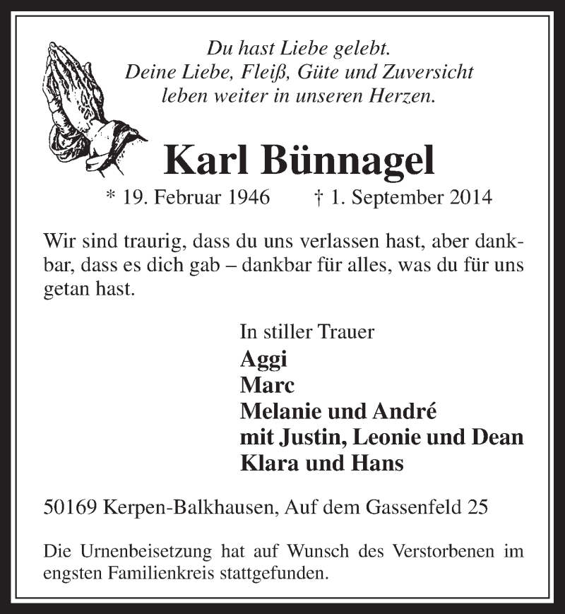  Traueranzeige für Karl Bünnagel vom 10.09.2014 aus  Werbepost 