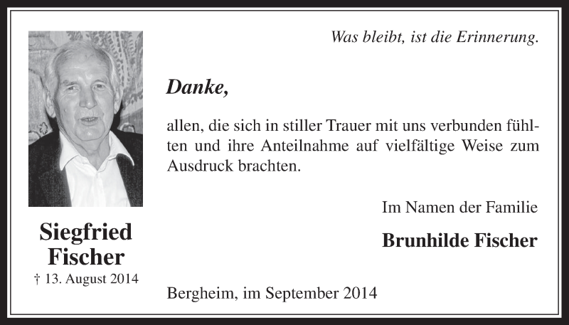  Traueranzeige für Siegfried Fischer vom 17.09.2014 aus  Werbepost 