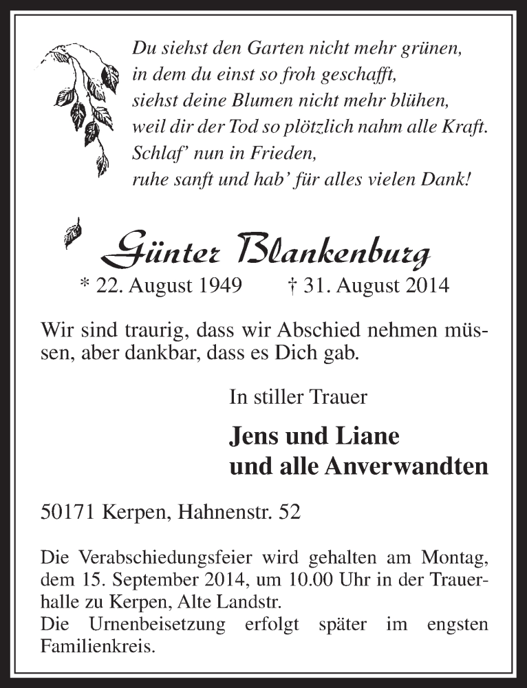  Traueranzeige für Günter Blankenburg vom 10.09.2014 aus  Werbepost 