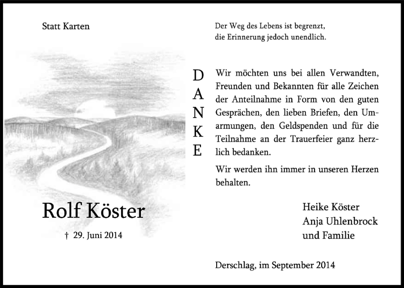  Traueranzeige für Rolf Köster vom 10.09.2014 aus  Anzeigen Echo 