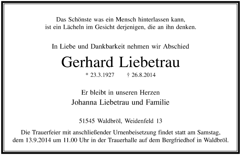  Traueranzeige für Gerhard Liebetrau vom 10.09.2014 aus  Lokalanzeiger 