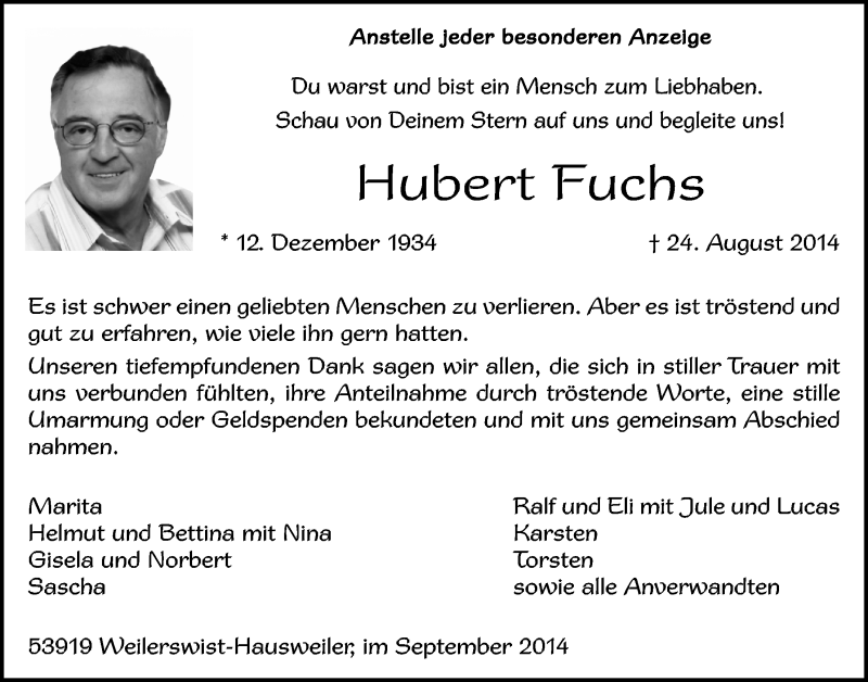  Traueranzeige für Hubert Fuchs vom 14.09.2014 aus  Blickpunkt Euskirchen 