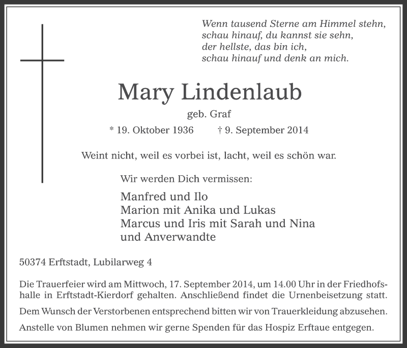  Traueranzeige für Mary Lindenlaub vom 13.09.2014 aus  Sonntags-Post 