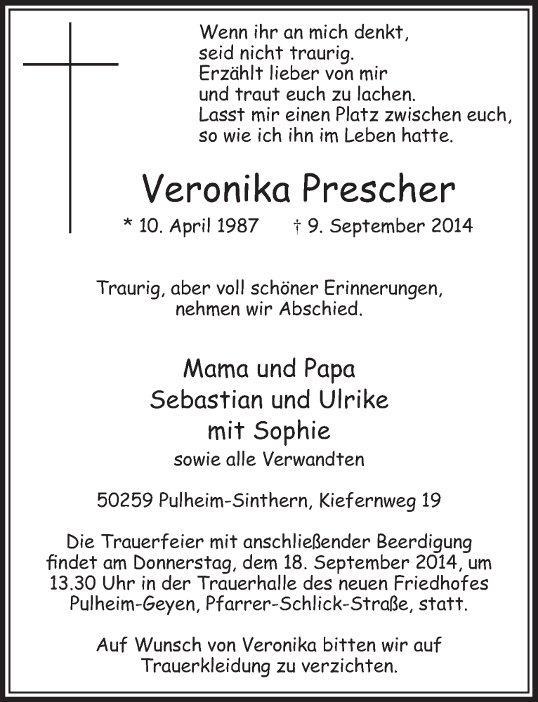  Traueranzeige für Veronika Prescher vom 13.09.2014 aus  Sonntags-Post 