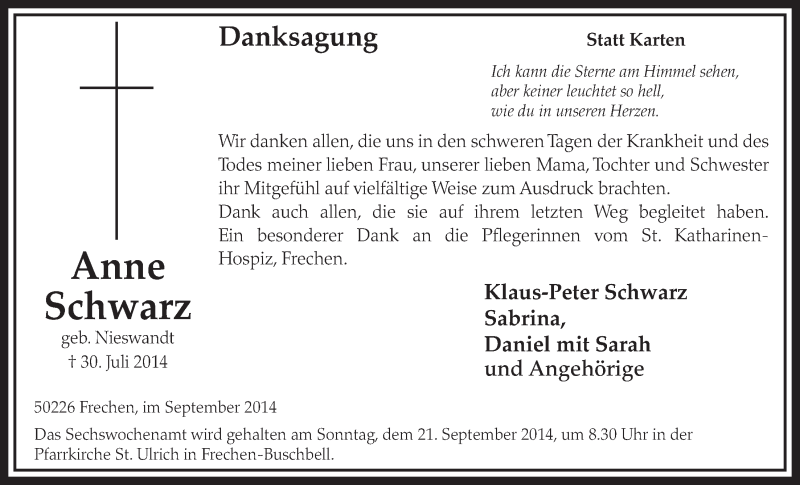  Traueranzeige für Anne Schwarz vom 13.09.2014 aus  Sonntags-Post 