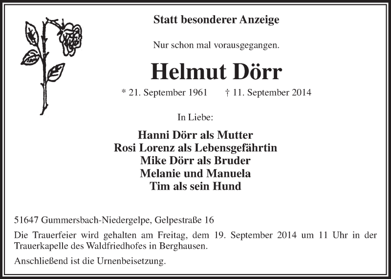  Traueranzeige für Helmut Dörr vom 17.09.2014 aus  Anzeigen Echo 