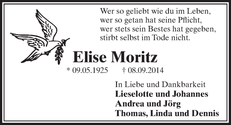  Traueranzeige für Elise Moritz vom 17.09.2014 aus  Schlossbote/Werbekurier 