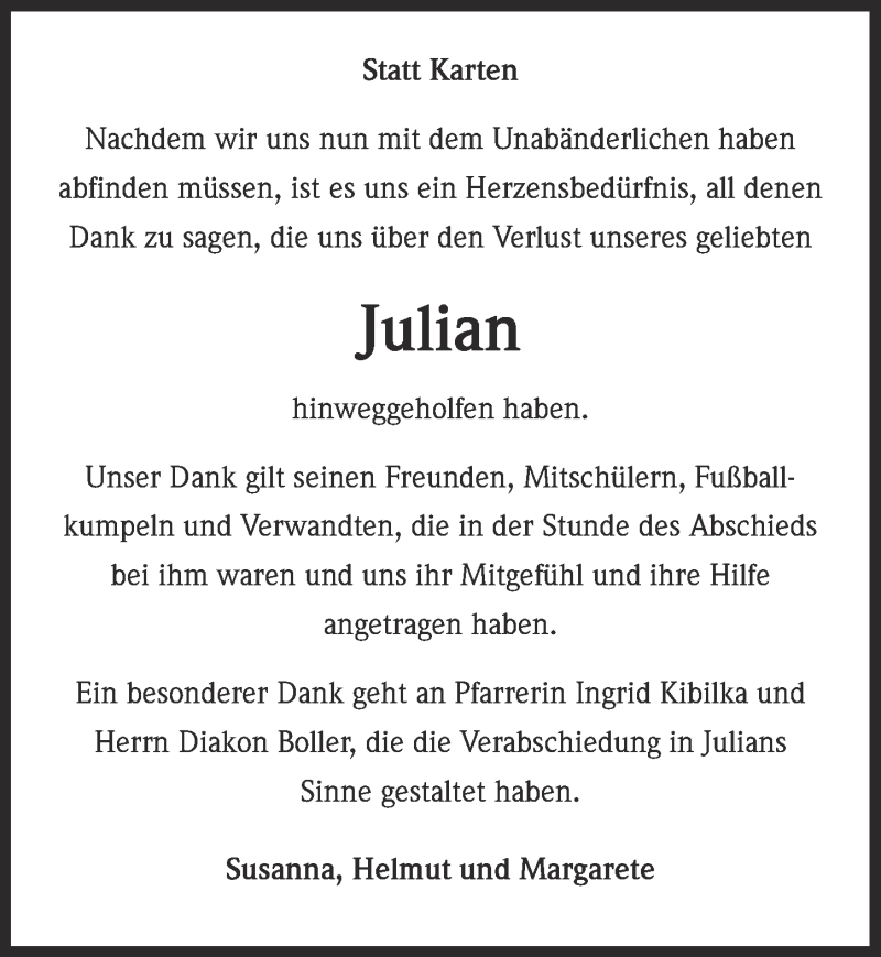  Traueranzeige für Julian  vom 17.09.2014 aus  Kölner Wochenspiegel 