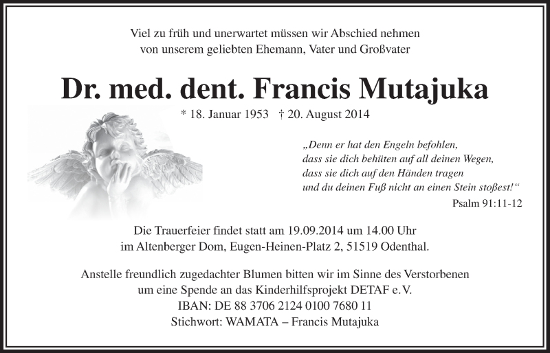 Traueranzeige für Francis Mutajuka vom 17.09.2014 aus  Lokale Informationen 