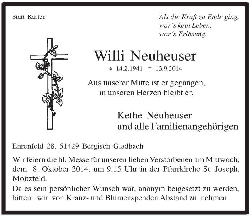  Traueranzeige für Willi Neuheuser vom 17.09.2014 aus  Bergisches Handelsblatt 