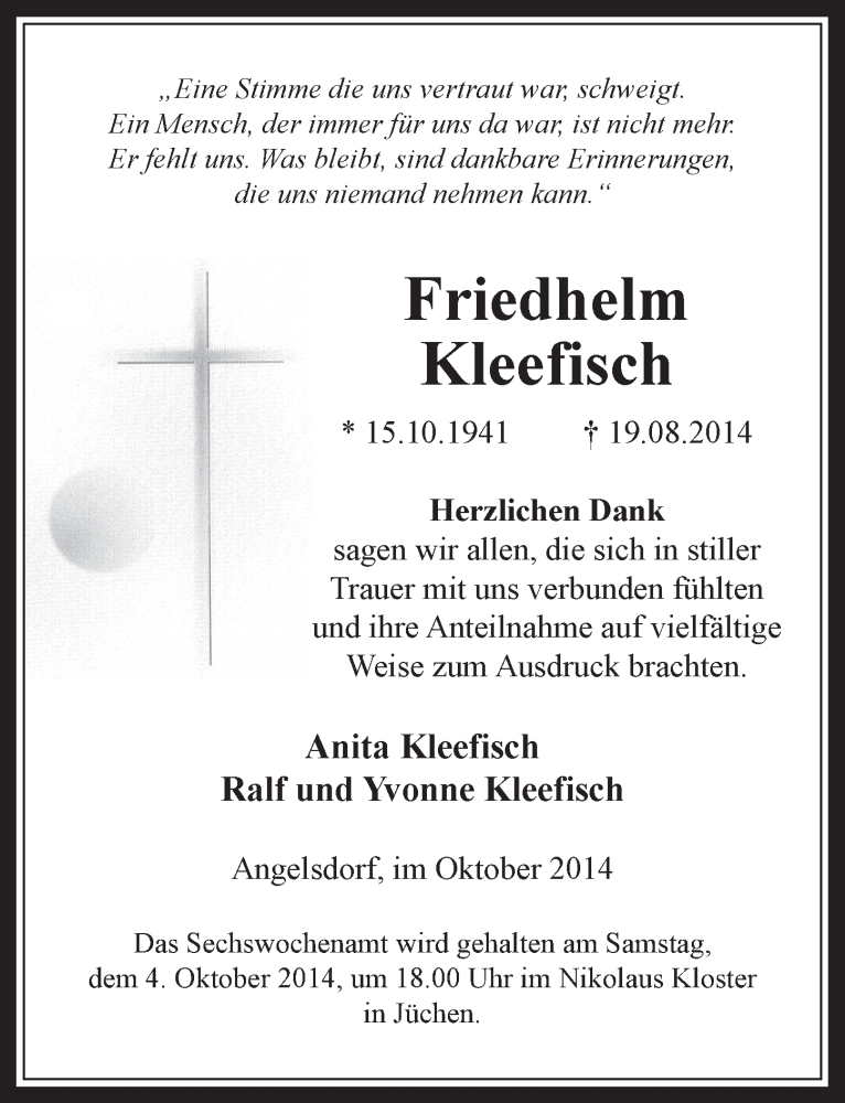  Traueranzeige für Friedhelm Kleefisch vom 01.10.2014 aus  Werbepost 