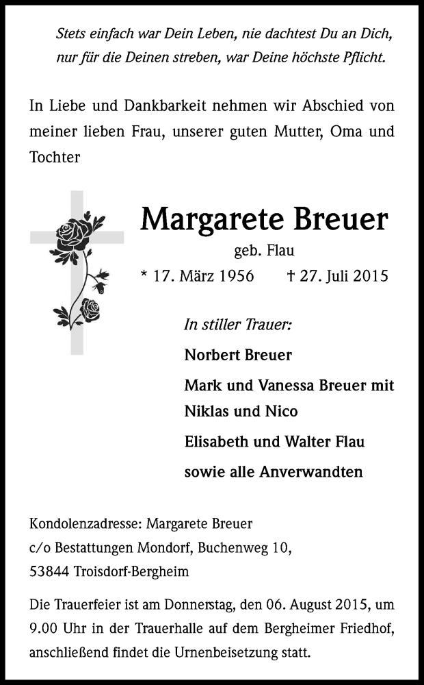  Traueranzeige für Margarete Breuer vom 03.08.2015 aus Kölner Stadt-Anzeiger / Kölnische Rundschau / Express
