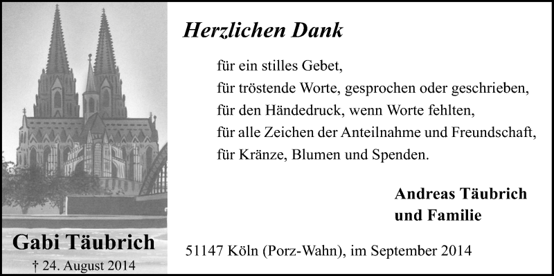  Traueranzeige für Gabi Täubrich vom 24.09.2014 aus  Kölner Wochenspiegel 