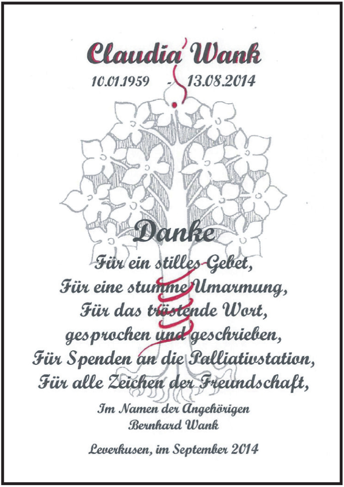  Traueranzeige für Claudia Wank vom 20.09.2014 aus  Bergisches Sonntagsblatt 